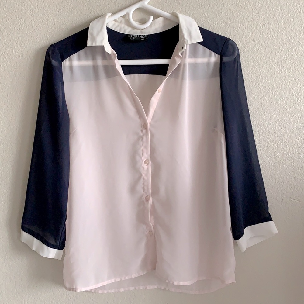 Topshop Colorblock Chiffon Blouse Pink Navy White Button Down 3/4 Sleeve Size 4